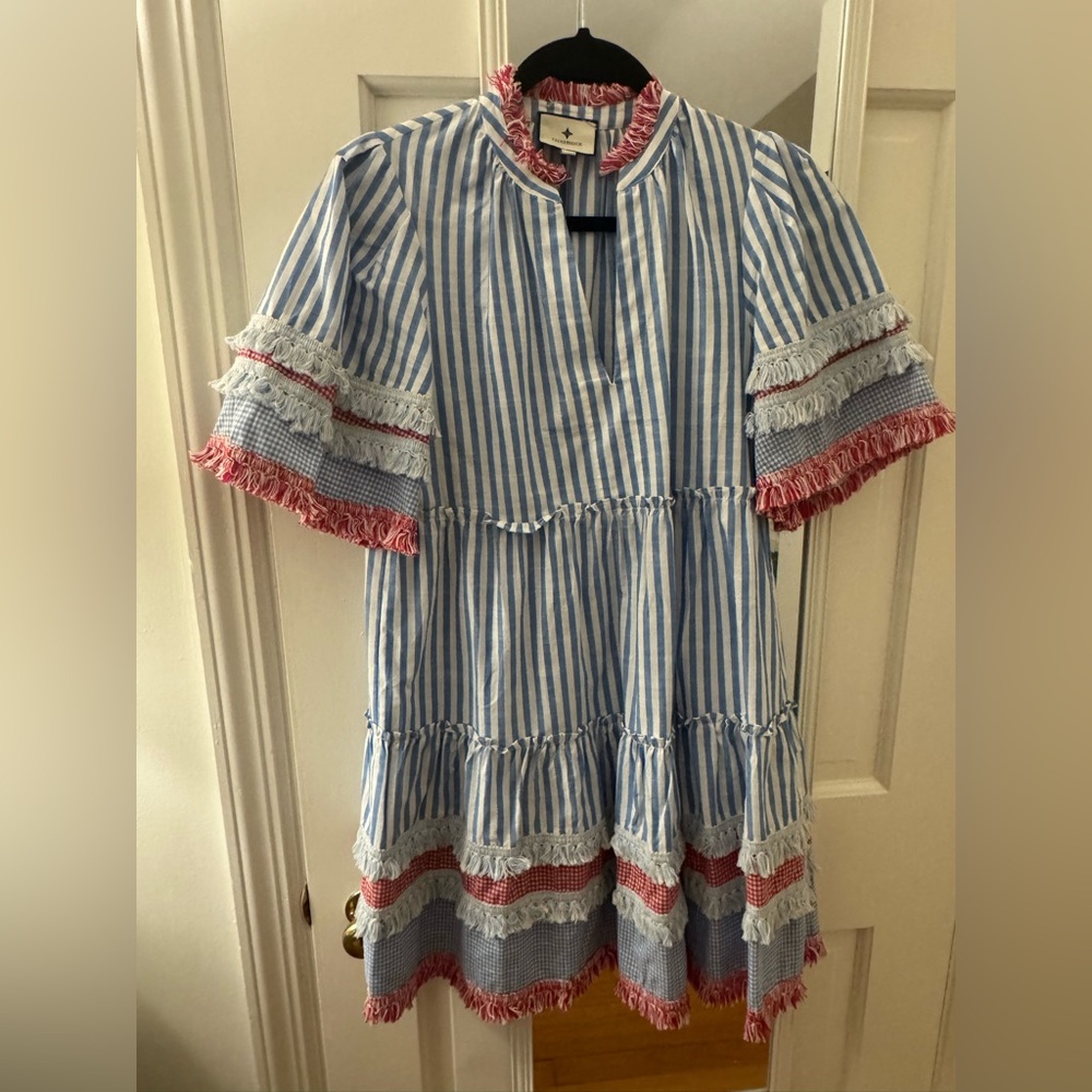 Tuckernuck Striped Blue and White Dress with Pink Accents